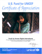 UNICEF Certificate of Appreciation